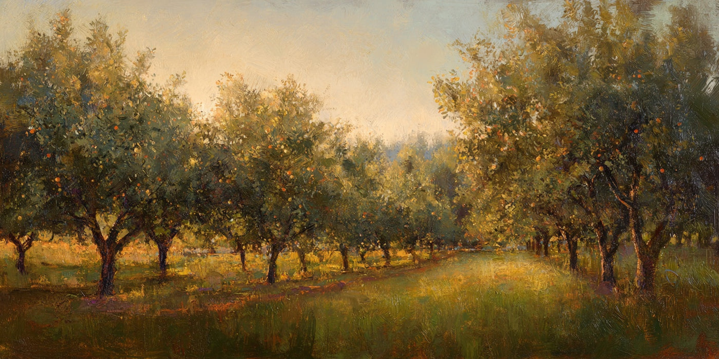Sunlit Orchard Path Canvas Print