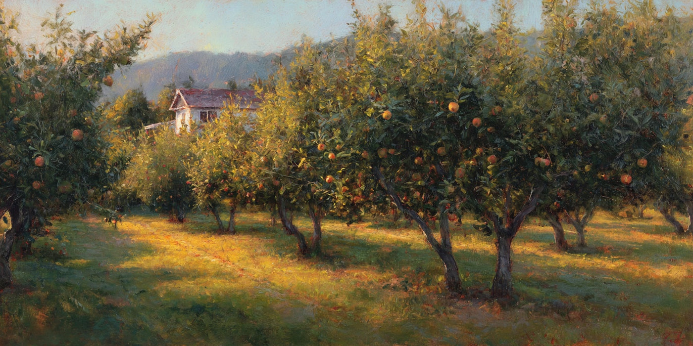 Landschaftsbild „Goldener Obstgarten“ auf Leinwand