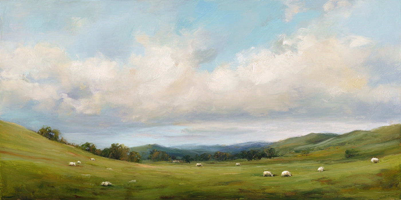 Leinwanddruck „Hügelige Landschaft mit Schafen“