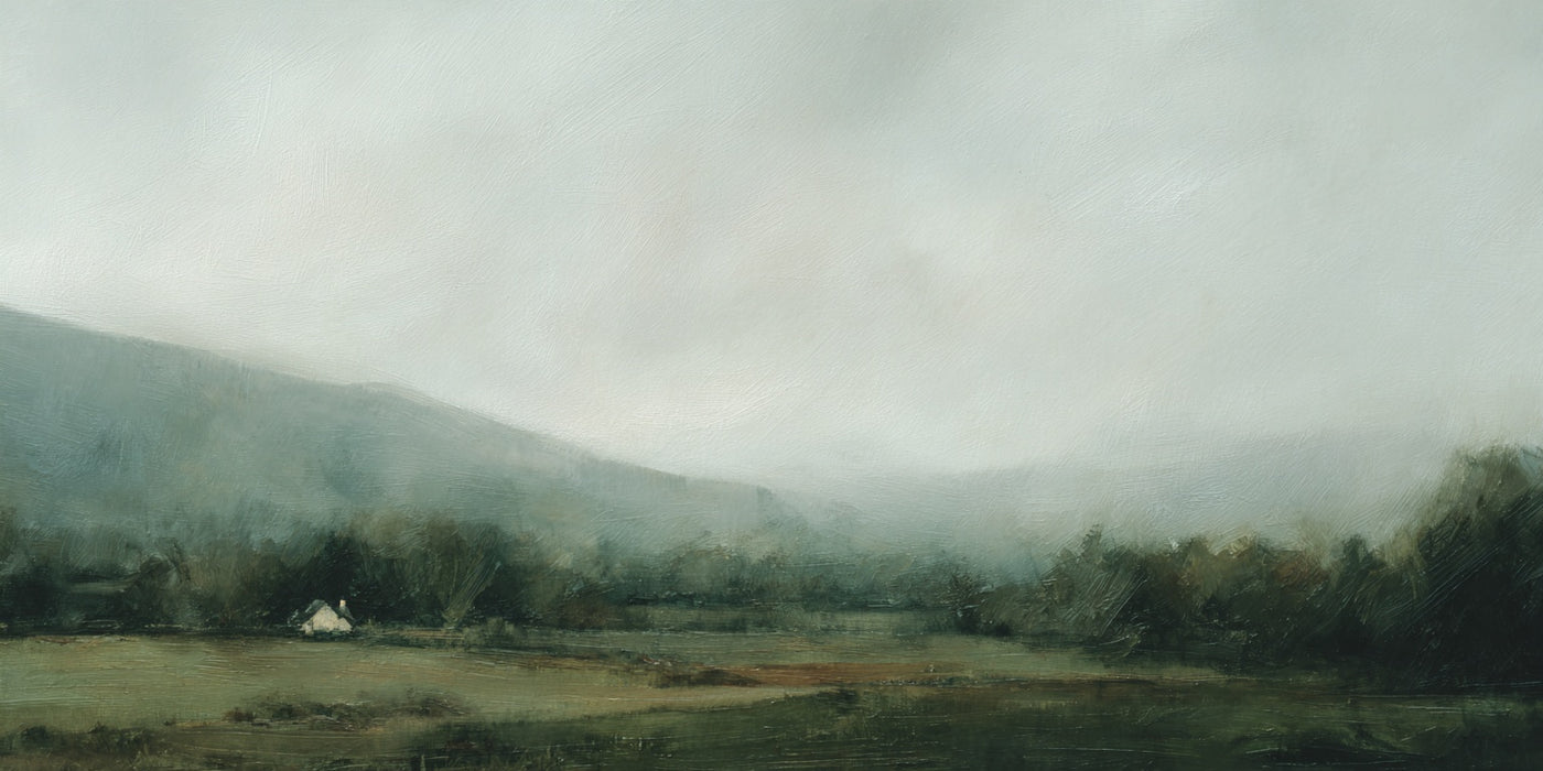 Landschaftsbild „Nebeliges Bauernhaus“ auf Leinwand