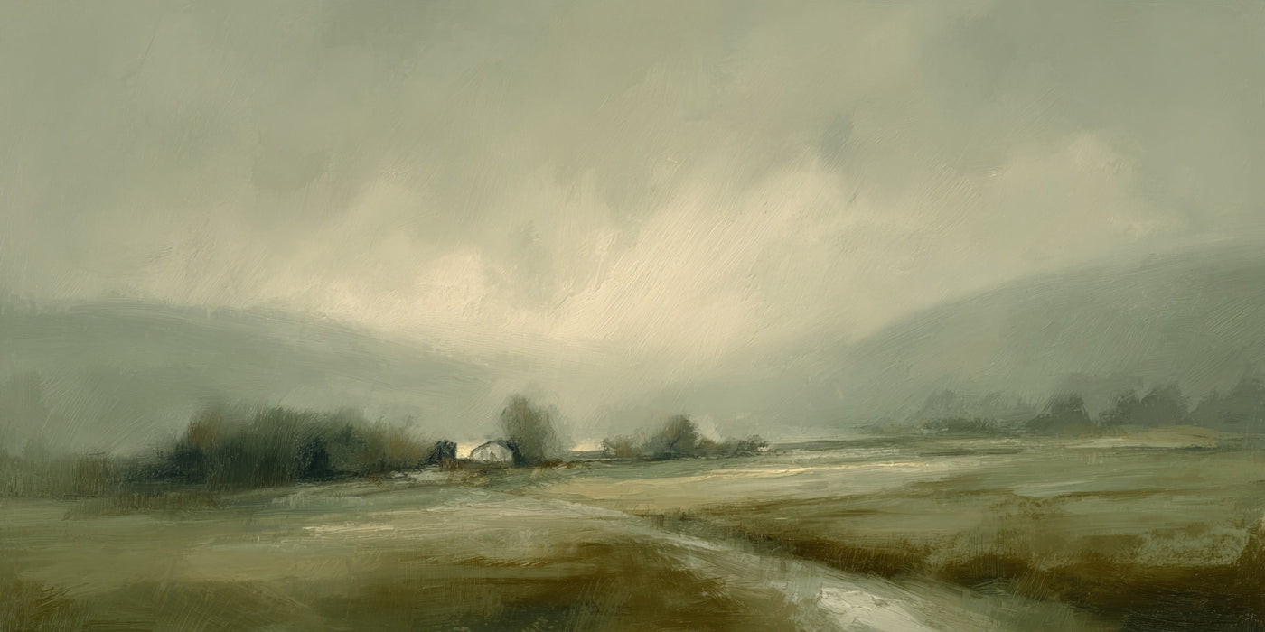 Landschaftsbild „Bauernhaus im Nebeltal“ auf Leinwand