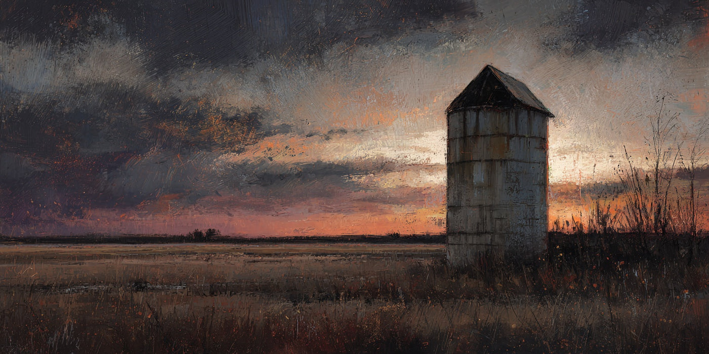 Leinwanddruck „Bauernhaus-Silo bei Sonnenuntergang“