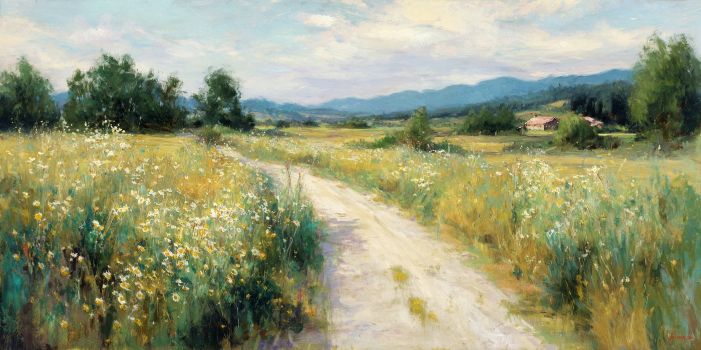 Impression sur toile représentant des fleurs sauvages sur un chemin de campagne
