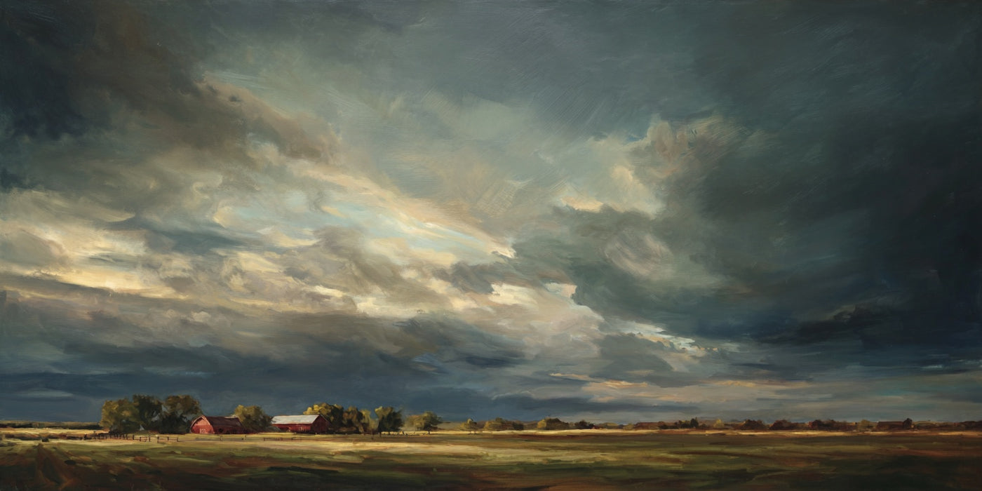 Dramatischer Leinwanddruck mit Bauernhoflandschaft