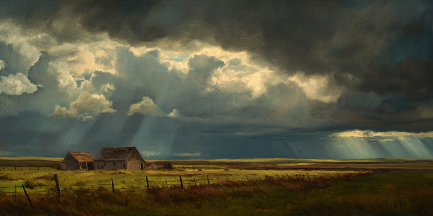 Impression sur toile d'une grange au paysage orageux