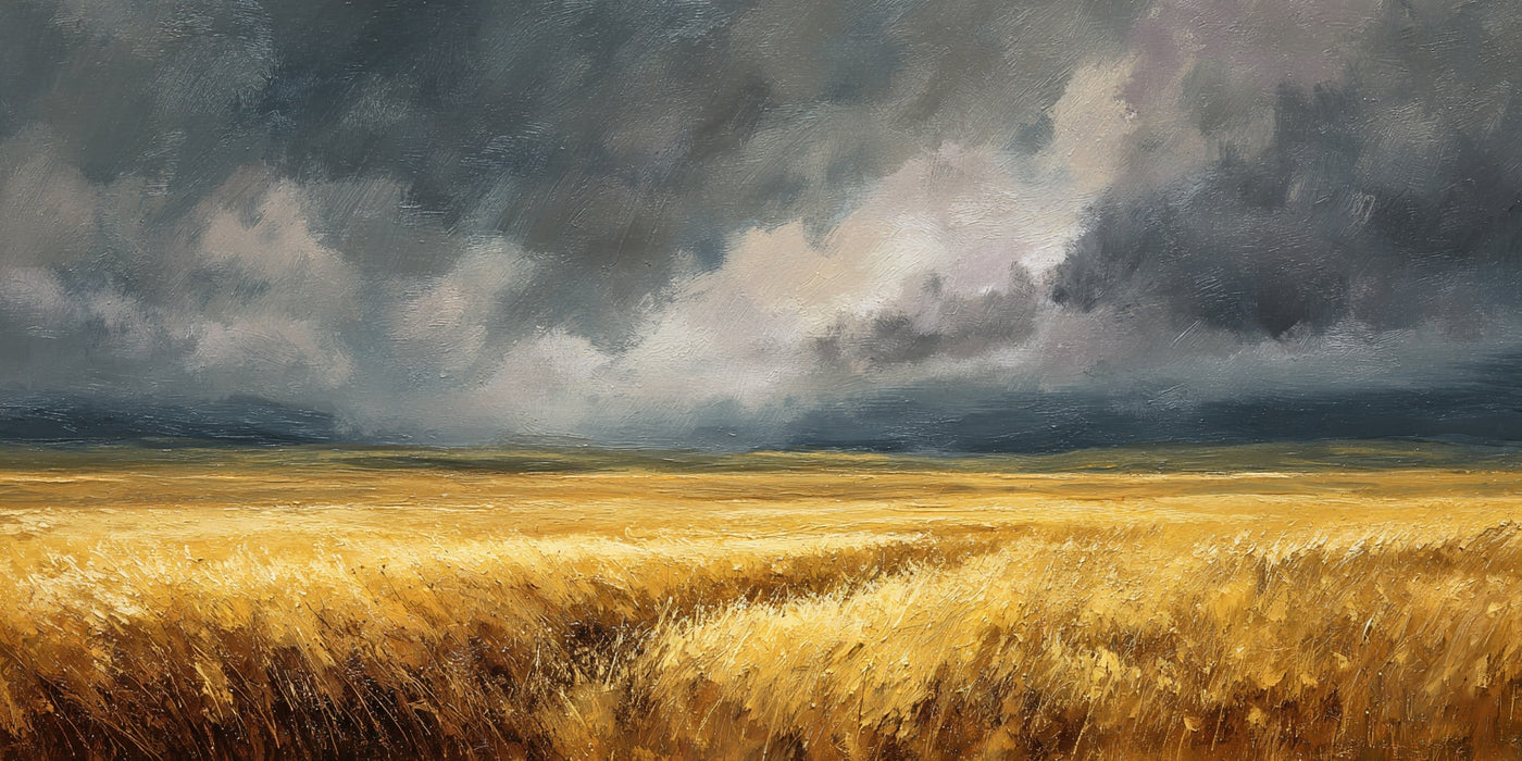 Goldenes Feld, stürmischer Himmel – Leinwanddruck
