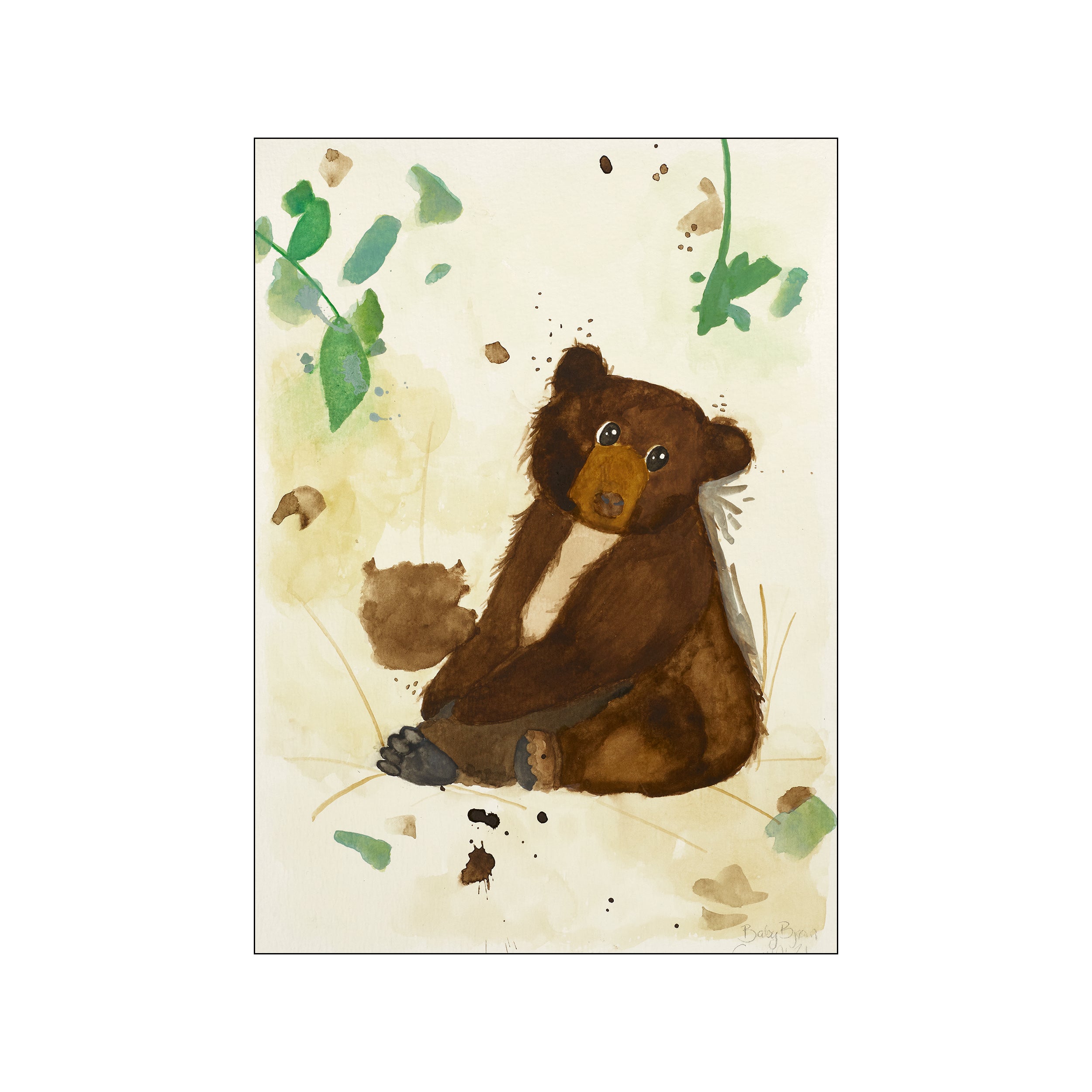 A charming watercolor painting of a baby bear sitting amongst loose green leaves and brown splatters on a creamy background, evoking a gentle, natural vibe.