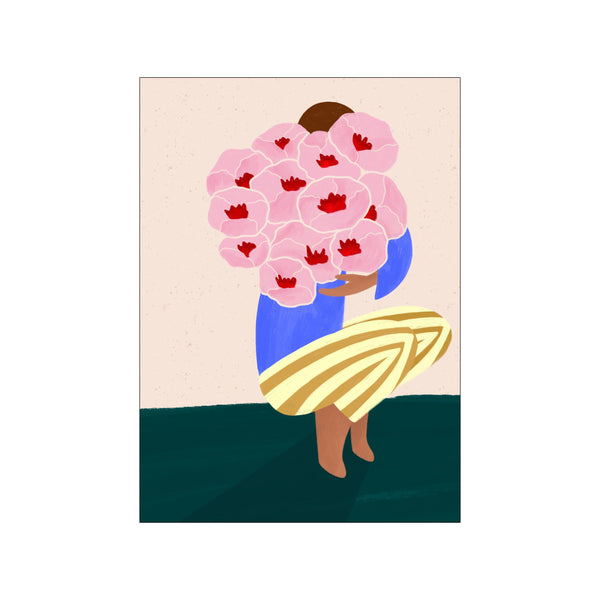 A stylized illustration of a person holding a large bouquet of soft pink flowers with red centers, wearing a blue dress and a yellow and white striped skirt against a textured cream background.