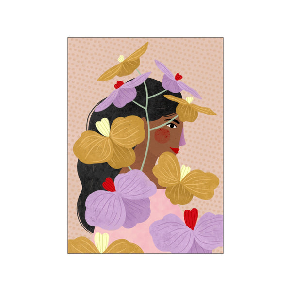 A profile view of a woman partially obscured by flowing purple and yellow flowers, set against a textured blush background with subtle polka dots, creating a serene and artistic mood.