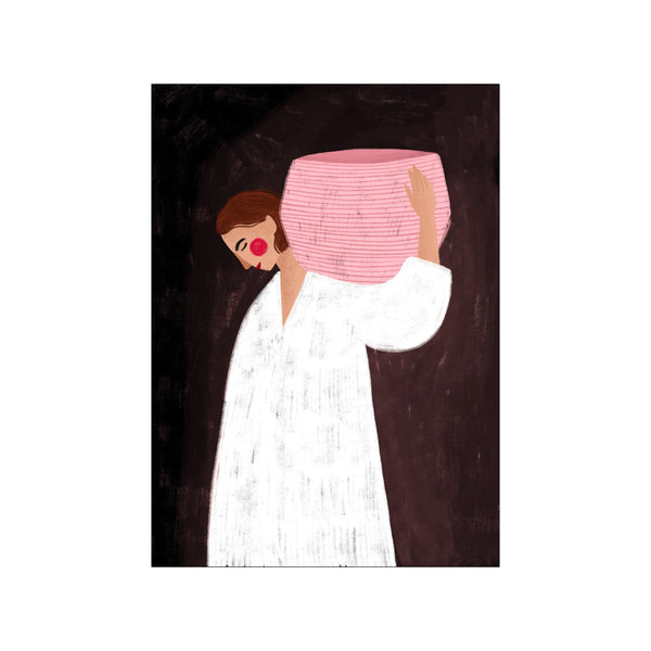 An artwork featuring a woman in a white robe carrying a large, textured pink basket over her shoulder against a dark, moody background. The piece has a soft, painterly feel.