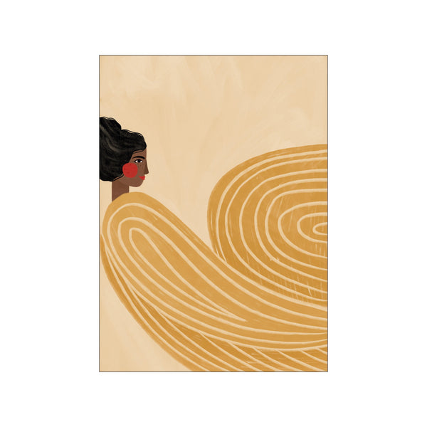 A portrait of a woman with dark hair and a bright red cheek, wearing a garment with bold, swirling yellow stripes against a creamy, textured background, evoking a sense of serene warmth and bohemian spirit.