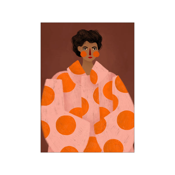 A textured, painterly illustration of a person wearing a collared garment adorned with large, vibrant orange polka dots against a warm brown background.