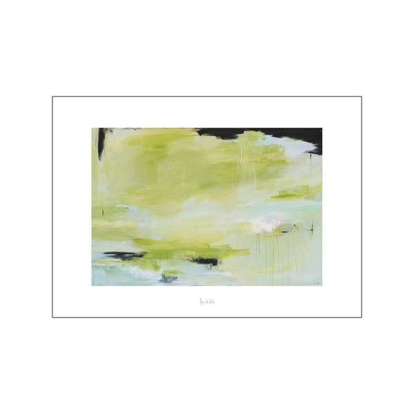 Bjørk Studio's 'Believe Art Print' showcases a vibrant green abstract landscape with thick, expressive brushstrokes and dark accents, suitable for a modern living room.