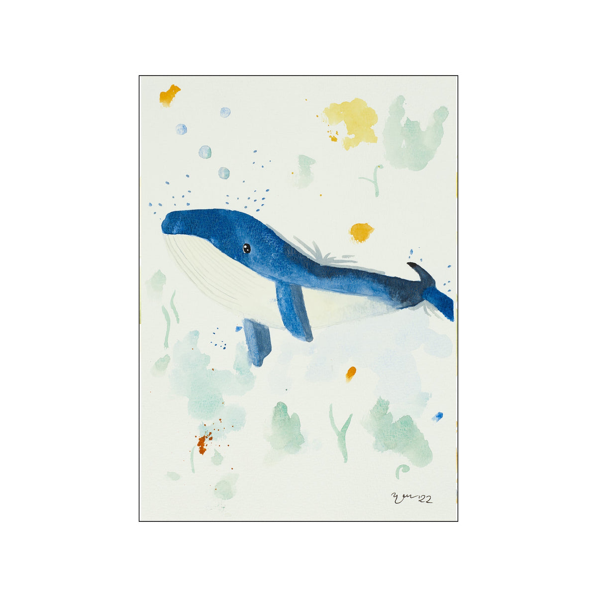 A serene watercolor painting featuring a friendly blue whale swimming amidst soft, abstract shapes in blues, greens, and yellows, with delicate bubbles floating upwards.