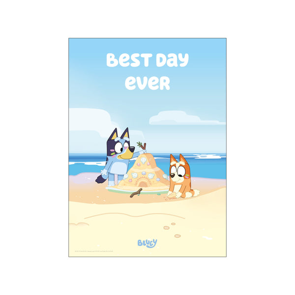 Two cartoon dogs building a sandcastle on a beach, with the ocean and sky in the background and text that says 'BEST DAY ever'.
