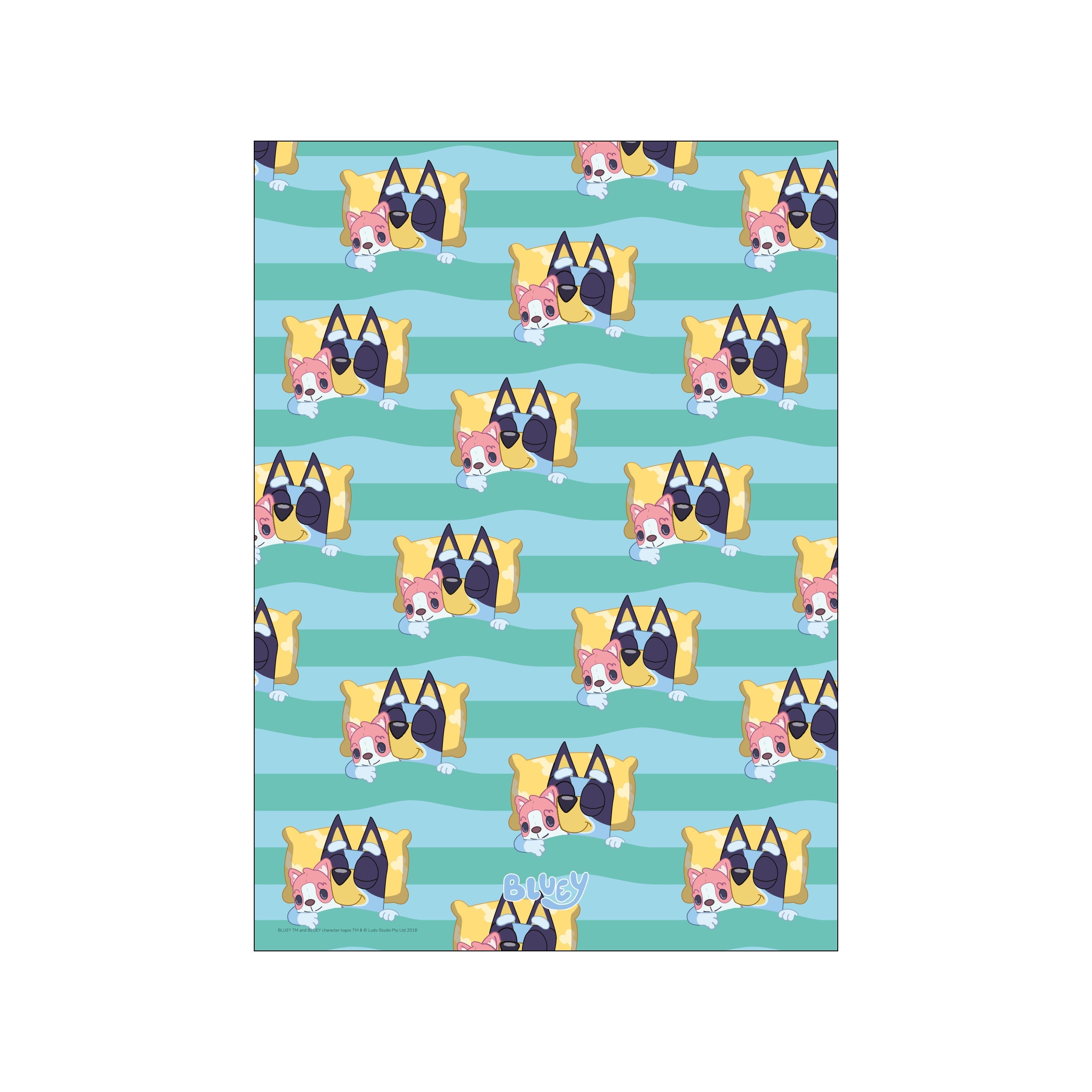 A repeating pattern of Bluey characters snuggled under yellow pillows against a background of turquoise and teal stripes, evoking a sense of calm and sweet dreams.