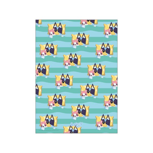 A repeating pattern of Bluey characters snuggled under yellow pillows against a background of turquoise and teal stripes, evoking a sense of calm and sweet dreams.
