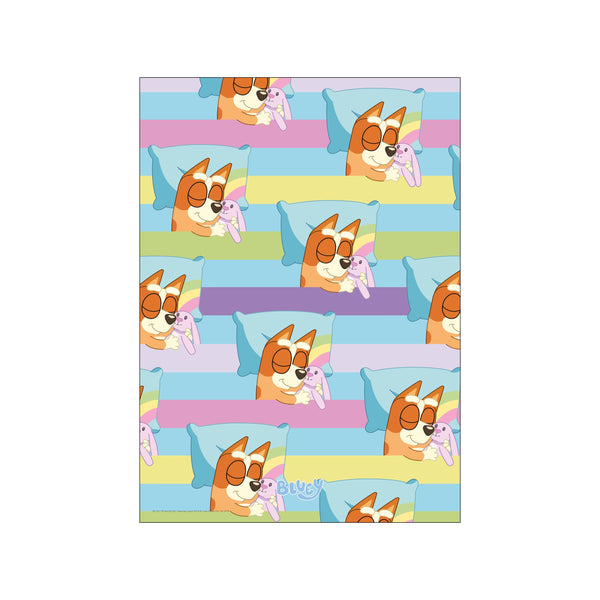 A repeating pattern of Bluey characters sleeping peacefully on pillows, nestled against soft pastel stripes of blue, pink, yellow, and green, holding their purple bunny toys.