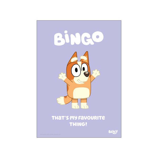 An illustration of the character Bingo from Bluey, with large eyes and an open-mouthed smile, arms outstretched. The text 'BINGO THAT'S MY FAVOURITE THING!' appears above and below the character. The background is a soft.