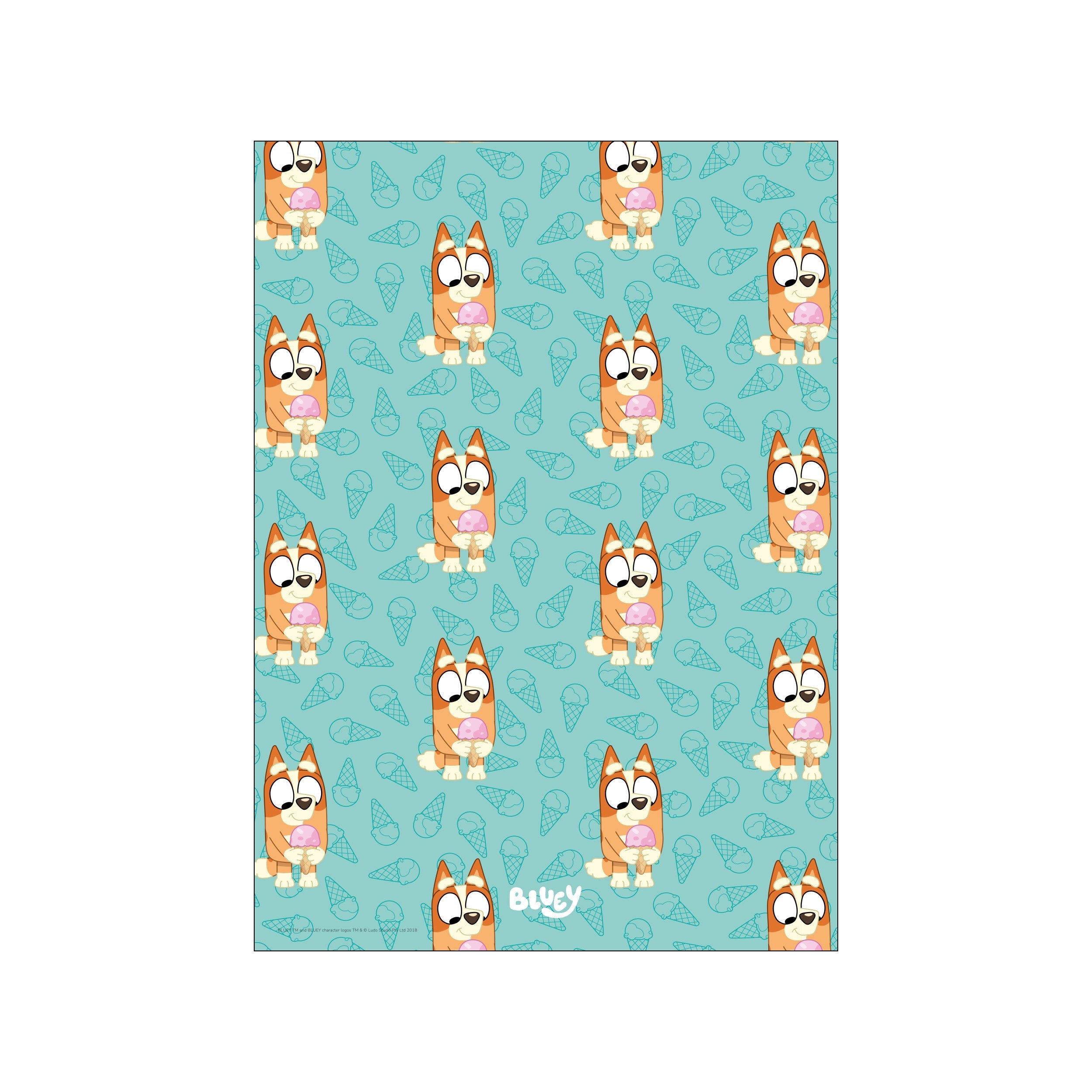 A repeating pattern of a cartoon dog character named Bingo holding a pink ice cream cone, set against a light teal background adorned with line drawings of ice cream cones.