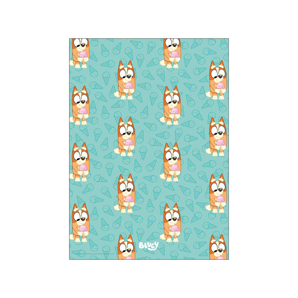 A repeating pattern of a cartoon dog character named Bingo holding a pink ice cream cone, set against a light teal background adorned with line drawings of ice cream cones.