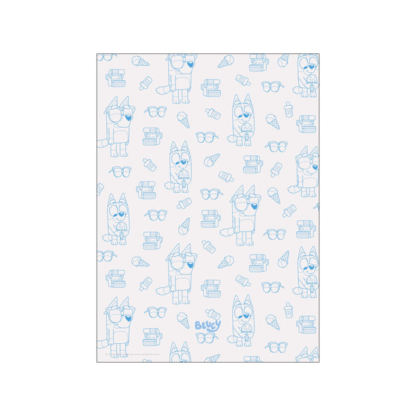 A charming pattern featuring blue outlines of cartoon dogs, ice cream cones, sunglasses, and instant cameras on a light grey background, evoking a sense of fun and childhood joy.