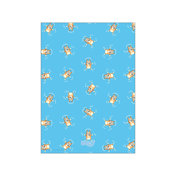 A delightful repeating pattern of the Bluey characters, Bingo and Bluey, joyfully floating on their backs in a bright blue pool, surrounded by subtle water ripples.
