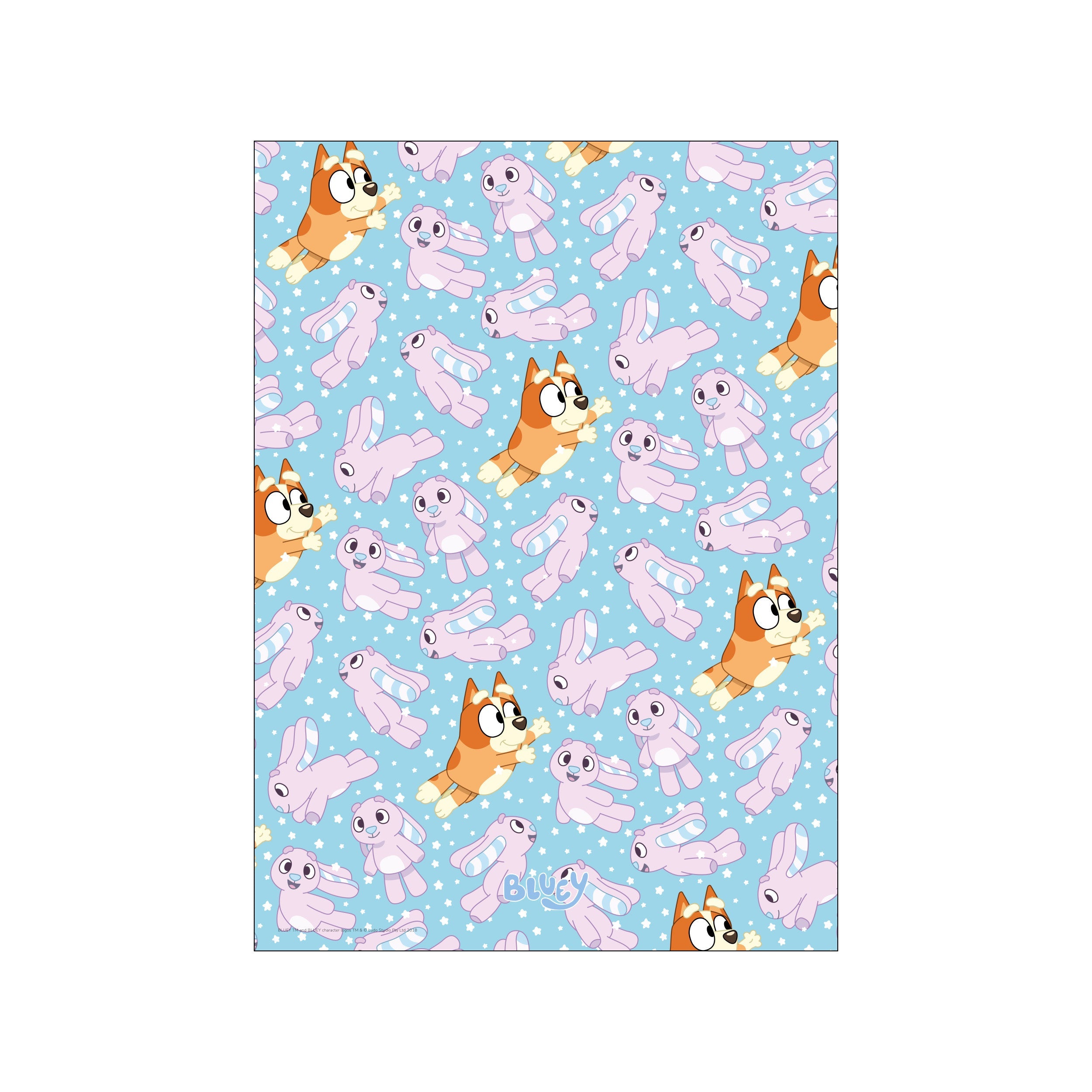 A joyful pattern featuring the animated character Bluey leaping amidst a scattered arrangement of soft lavender bunnies and small white stars on a light blue background.