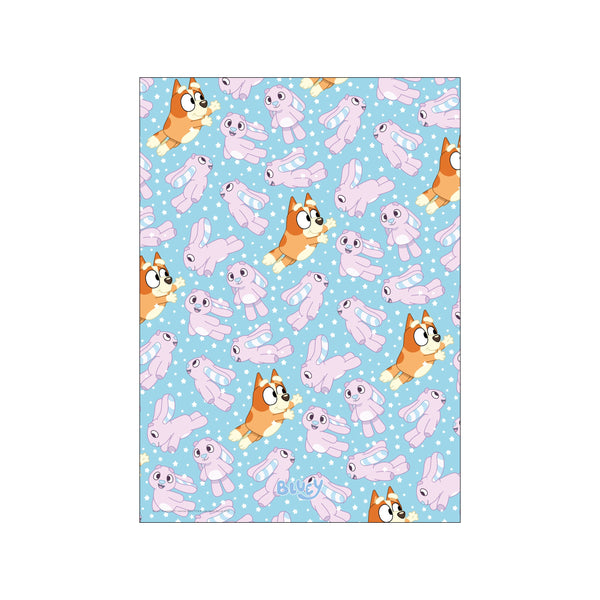 A joyful pattern featuring the animated character Bluey leaping amidst a scattered arrangement of soft lavender bunnies and small white stars on a light blue background.