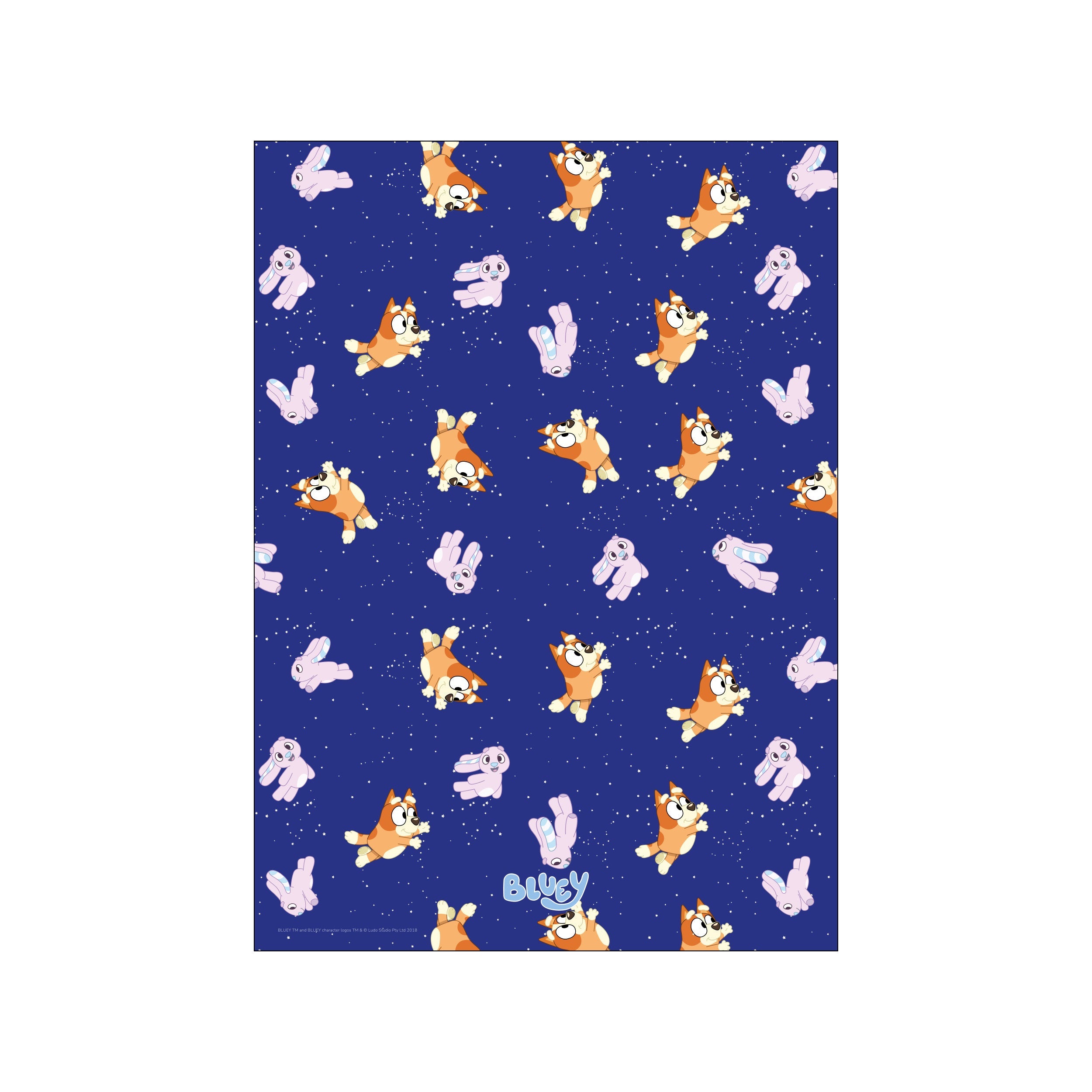 A playful pattern featuring characters from Bluey and Bingo floating amongst tiny white stars on a deep blue background, creating a dreamy, whimsical night sky scene.