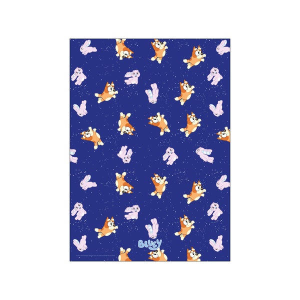 A playful pattern featuring characters from Bluey and Bingo floating amongst tiny white stars on a deep blue background, creating a dreamy, whimsical night sky scene.