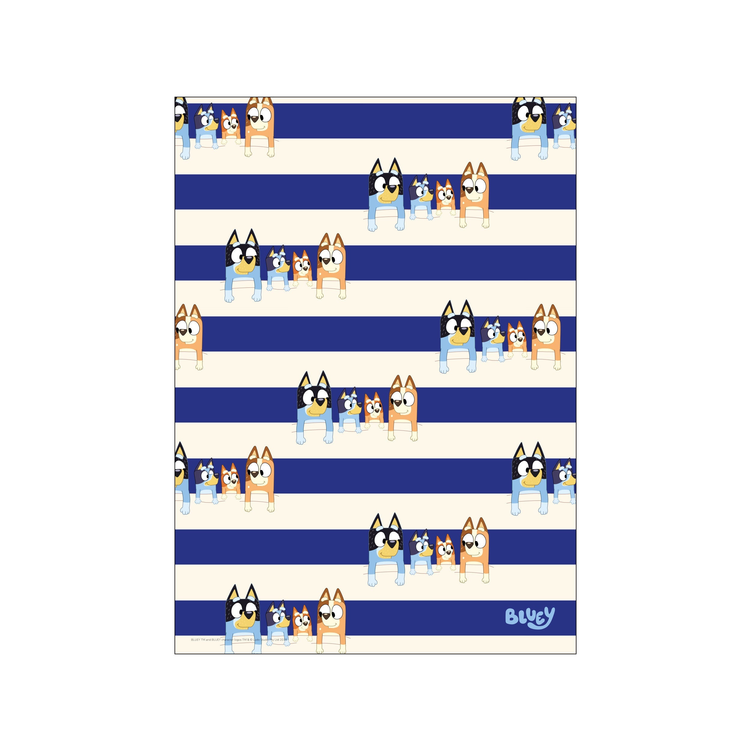 A charming artwork featuring a pattern of alternating navy blue and cream stripes, interspersed with cute illustrations of the Bluey characters in various groupings, creating a whimsical and playful visual narrative.