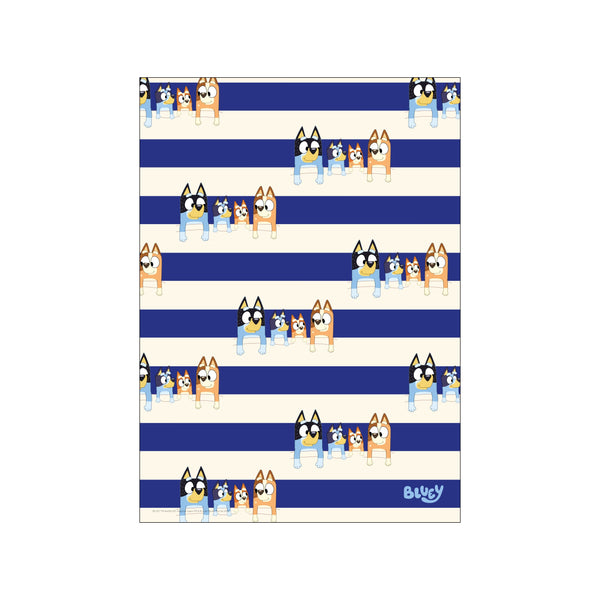 A charming artwork featuring a pattern of alternating navy blue and cream stripes, interspersed with cute illustrations of the Bluey characters in various groupings, creating a whimsical and playful visual narrative.