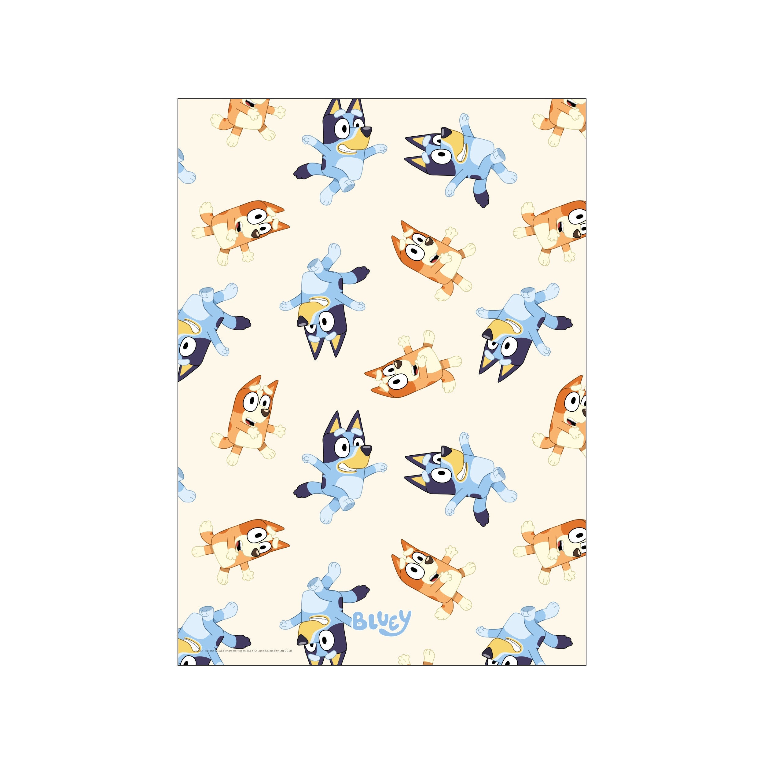 A repeating pattern of Bluey and Bingo characters in playful dance poses against a cream background. Features soft blue and warm orange tones, evoking joy and lighthearted fun.