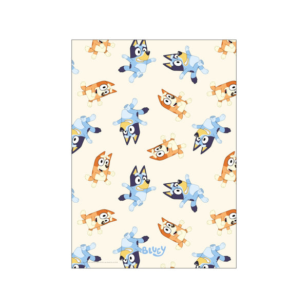 A repeating pattern of Bluey and Bingo characters in playful dance poses against a cream background. Features soft blue and warm orange tones, evoking joy and lighthearted fun.