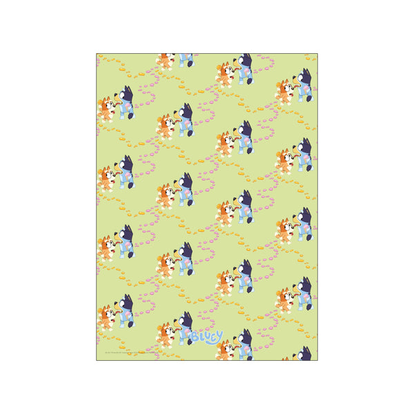 Bluey and Bingo characters playfully chasing each other with melting ice cream cones against a pastel green background, scattered with yellow and pink drops. The artwork has a lighthearted and sweet vibe.