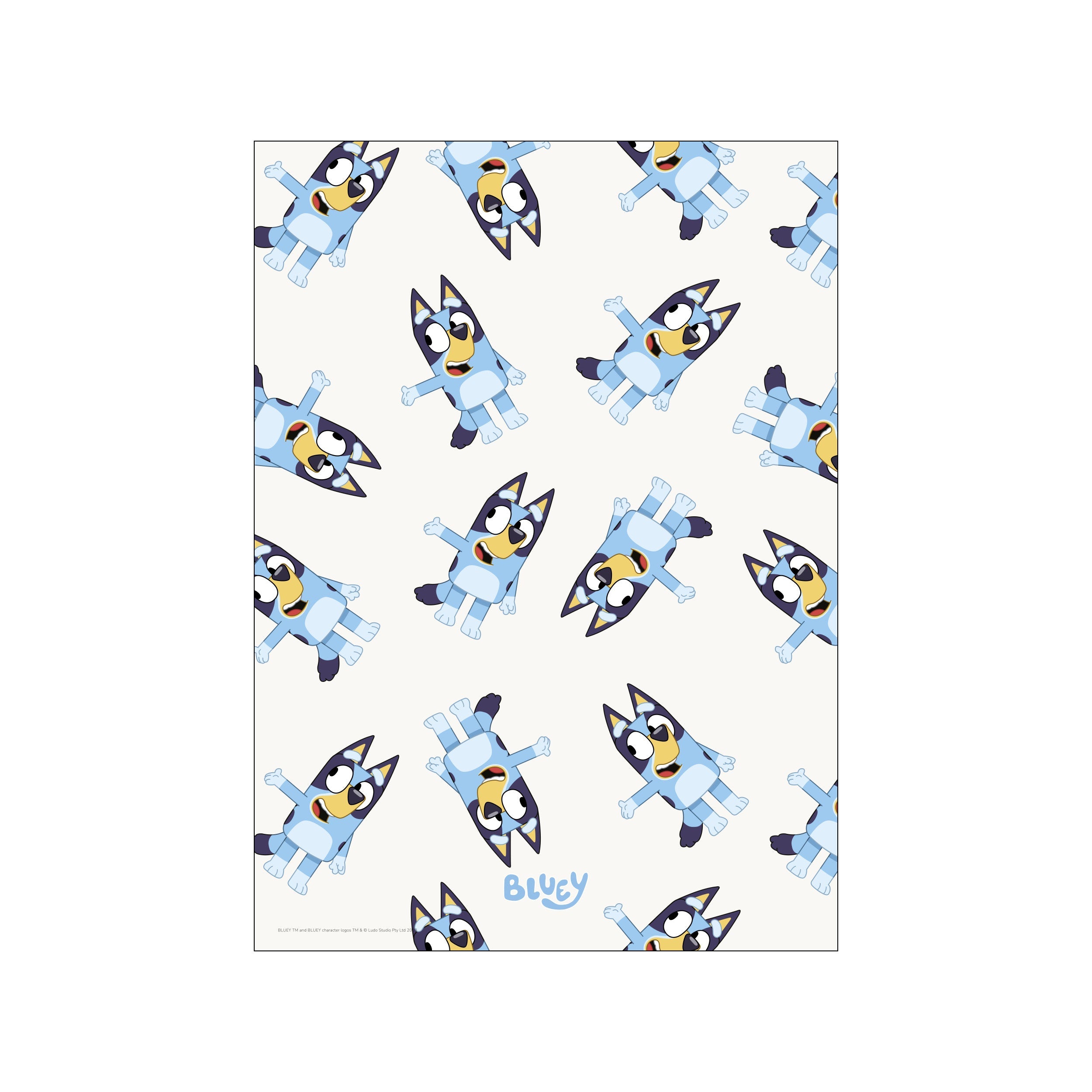 A whimsical repeating pattern of the character Bluey in various playful poses against a light, creamy background, evoking a sense of childhood joy and lightheartedness.