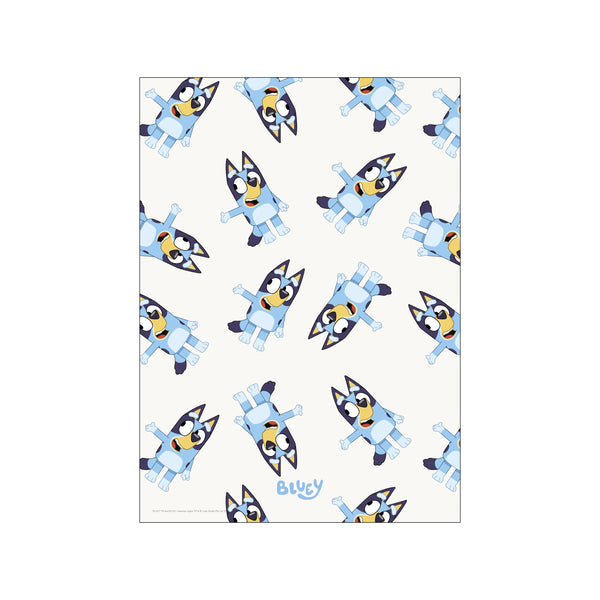 A whimsical repeating pattern of the character Bluey in various playful poses against a light, creamy background, evoking a sense of childhood joy and lightheartedness.