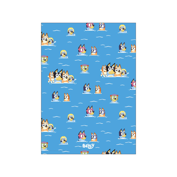 A charming illustration featuring various characters from Bluey playfully swimming and peeking out of a bright blue pool, with stylized white waves, creating a cheerful and whimsical atmosphere.