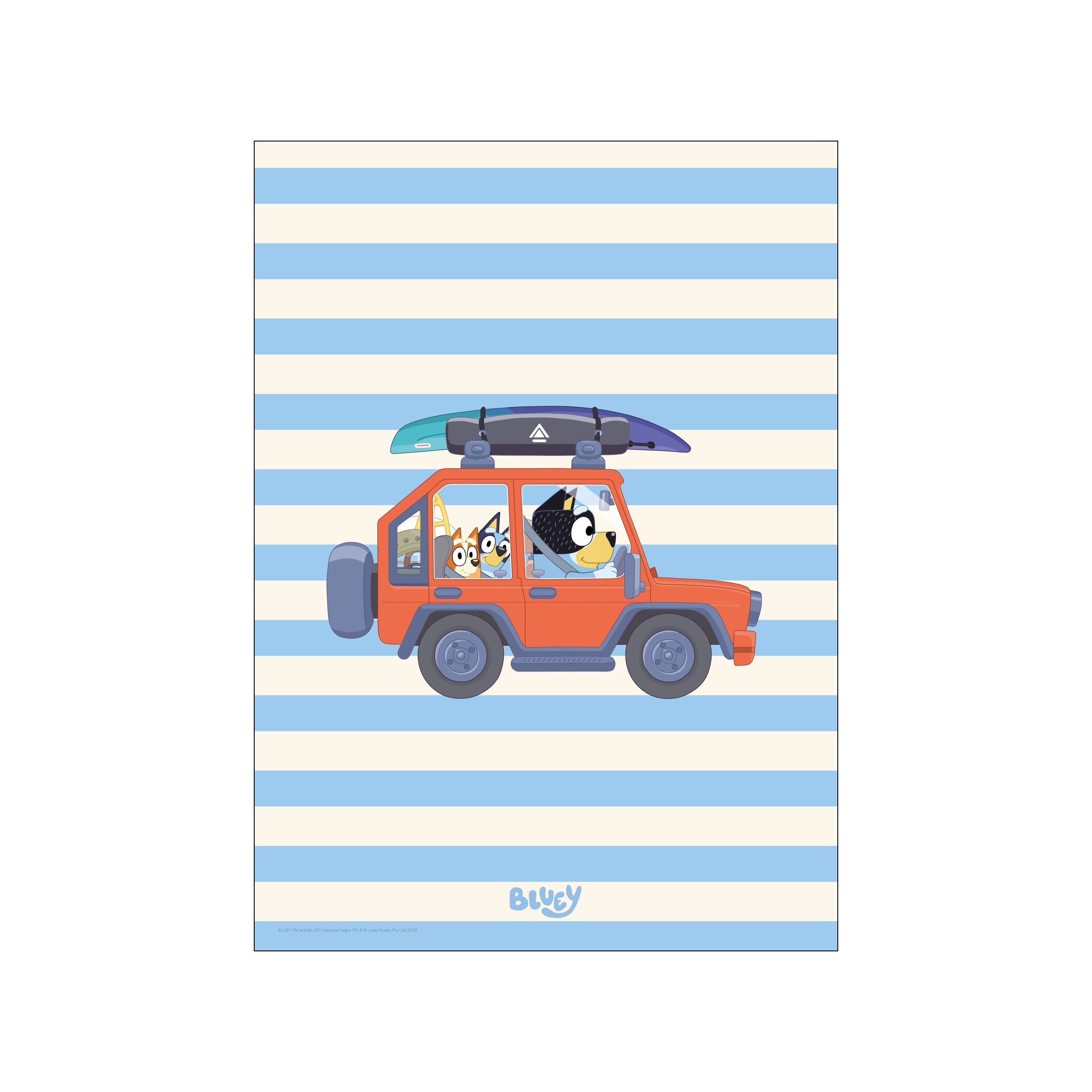 A whimsical illustration of an orange jeep driving against a backdrop of light blue and cream horizontal stripes. The jeep carries a family of dog characters and a surfboard on its roof.