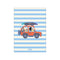 A whimsical illustration of an orange jeep driving against a backdrop of light blue and cream horizontal stripes. The jeep carries a family of dog characters and a surfboard on its roof.