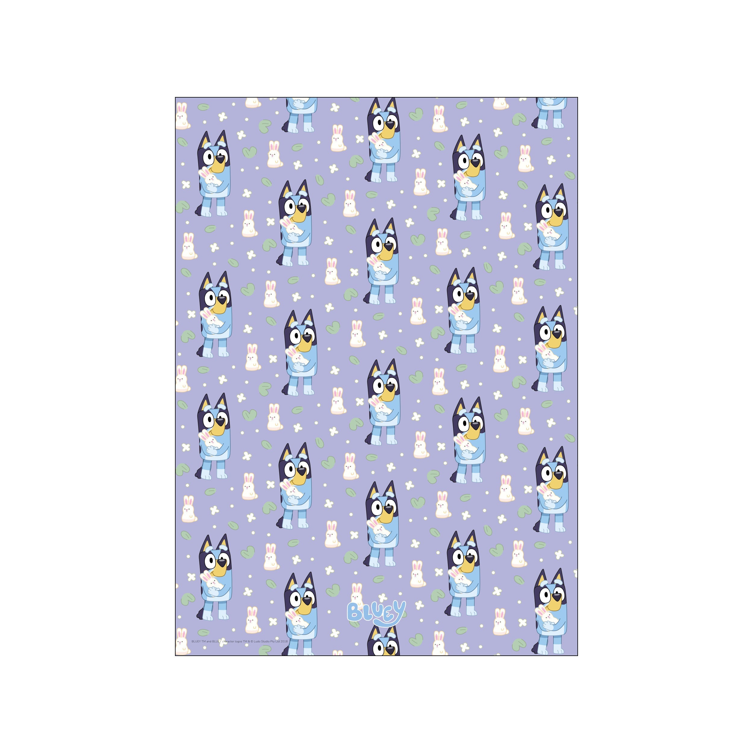 A charming repeating pattern featuring the Bluey character holding a bunny, surrounded by small white bunnies, green leaves, and tiny white flowers against a soft lavender background.