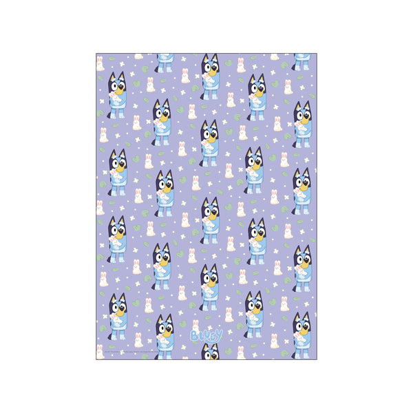 A charming repeating pattern featuring the Bluey character holding a bunny, surrounded by small white bunnies, green leaves, and tiny white flowers against a soft lavender background.