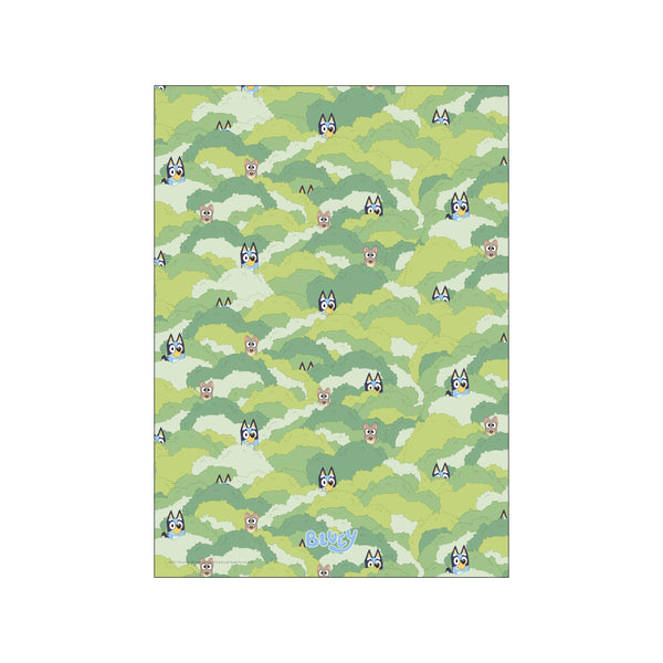 Characters from Bluey playfully hiding in layers of soft green foliage, creating a whimsical and serene jungle hideaway scene with a gentle color palette.