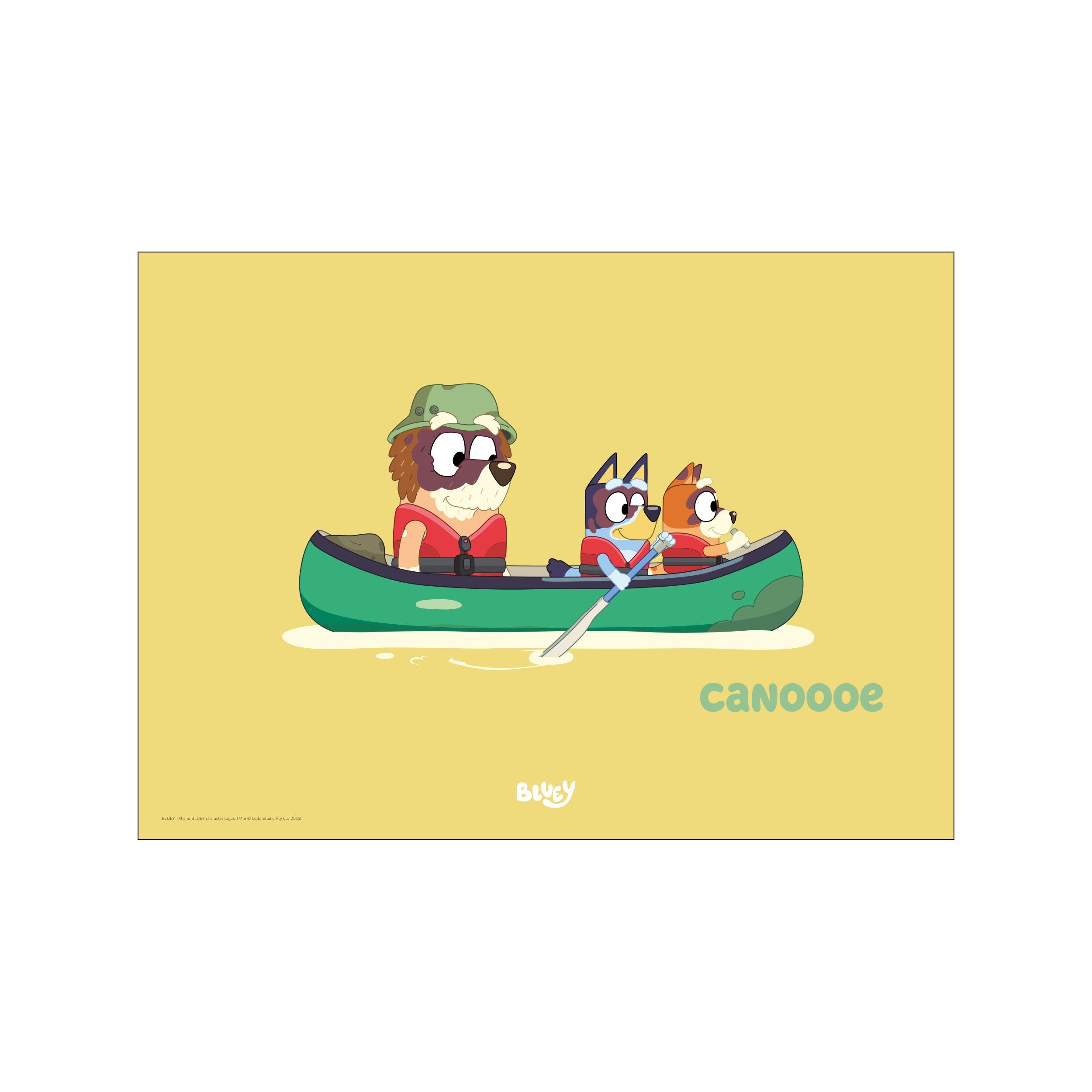 A charming illustration of a family of dogs in a green canoe, paddling on gentle water against a warm yellow background, evoking a sense of fun adventure.