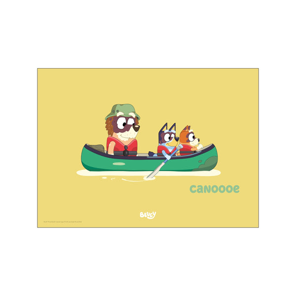 A charming illustration of a family of dogs in a green canoe, paddling on gentle water against a warm yellow background, evoking a sense of fun adventure.