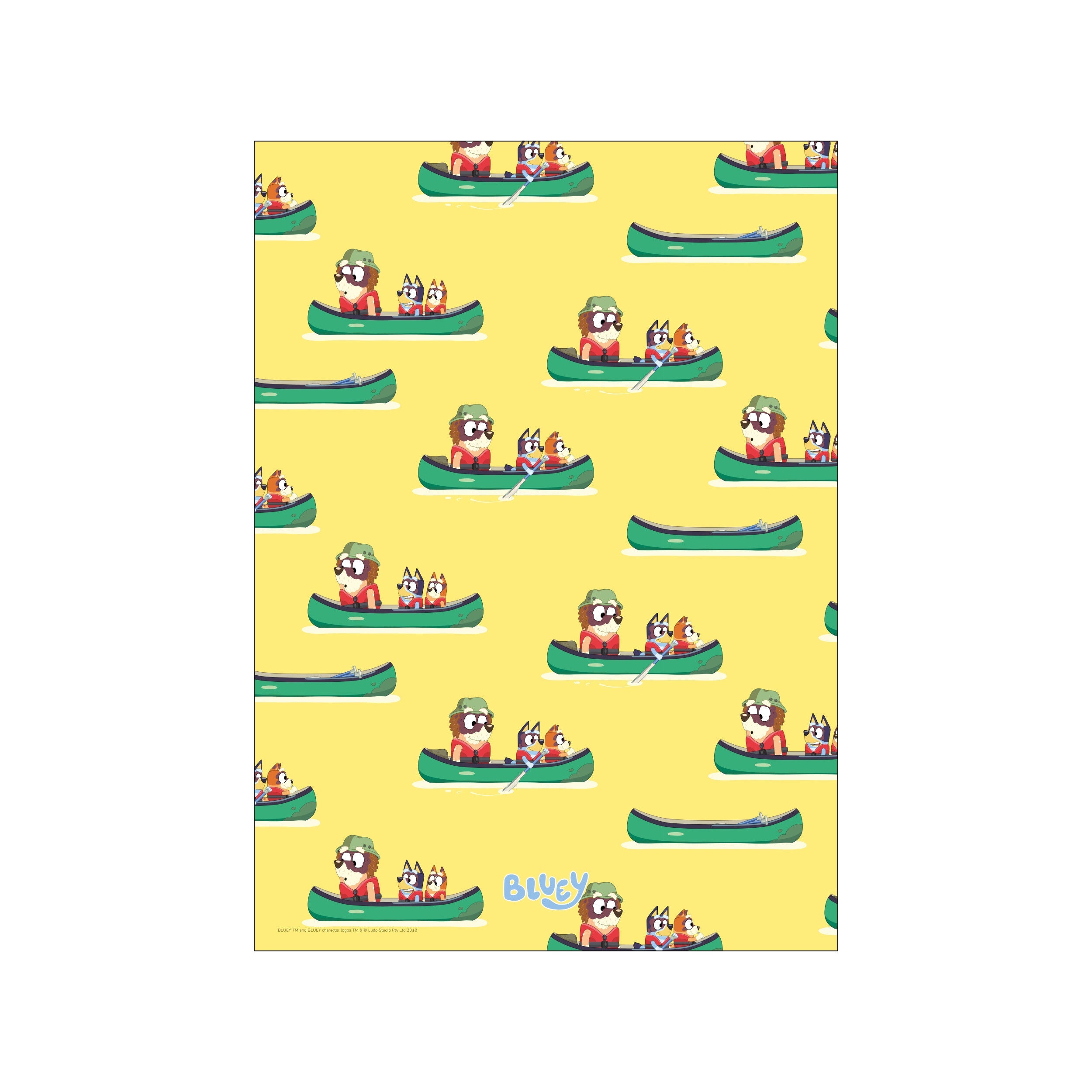 A repeating pattern of green canoes filled with charming dog characters paddling on a bright yellow background, evoking a playful and serene sense of adventure.