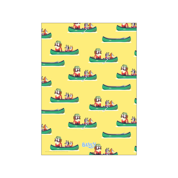 A repeating pattern of green canoes filled with charming dog characters paddling on a bright yellow background, evoking a playful and serene sense of adventure.