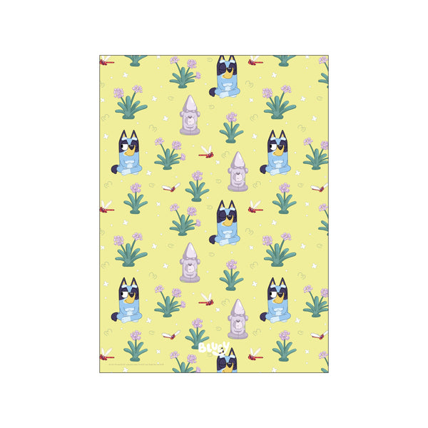 A cheerful and calming art piece with a repeating pattern of Bluey characters meditating amidst lavender flowers and red dragonflies on a soft yellow background.