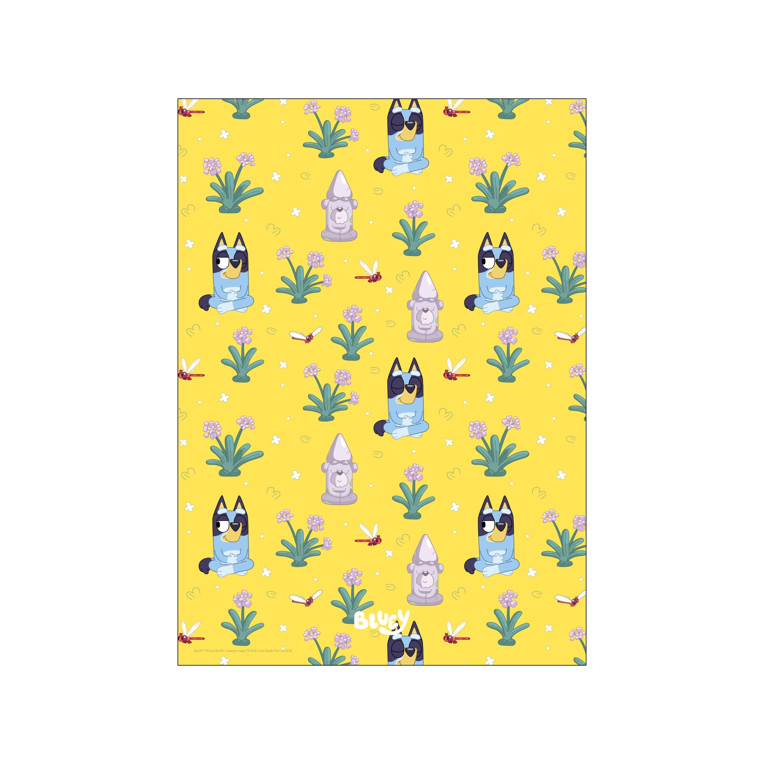 A whimsical pattern featuring Bluey characters meditating amidst purple flowers and red dragonflies on a bright yellow background, evoking a playful and peaceful atmosphere.